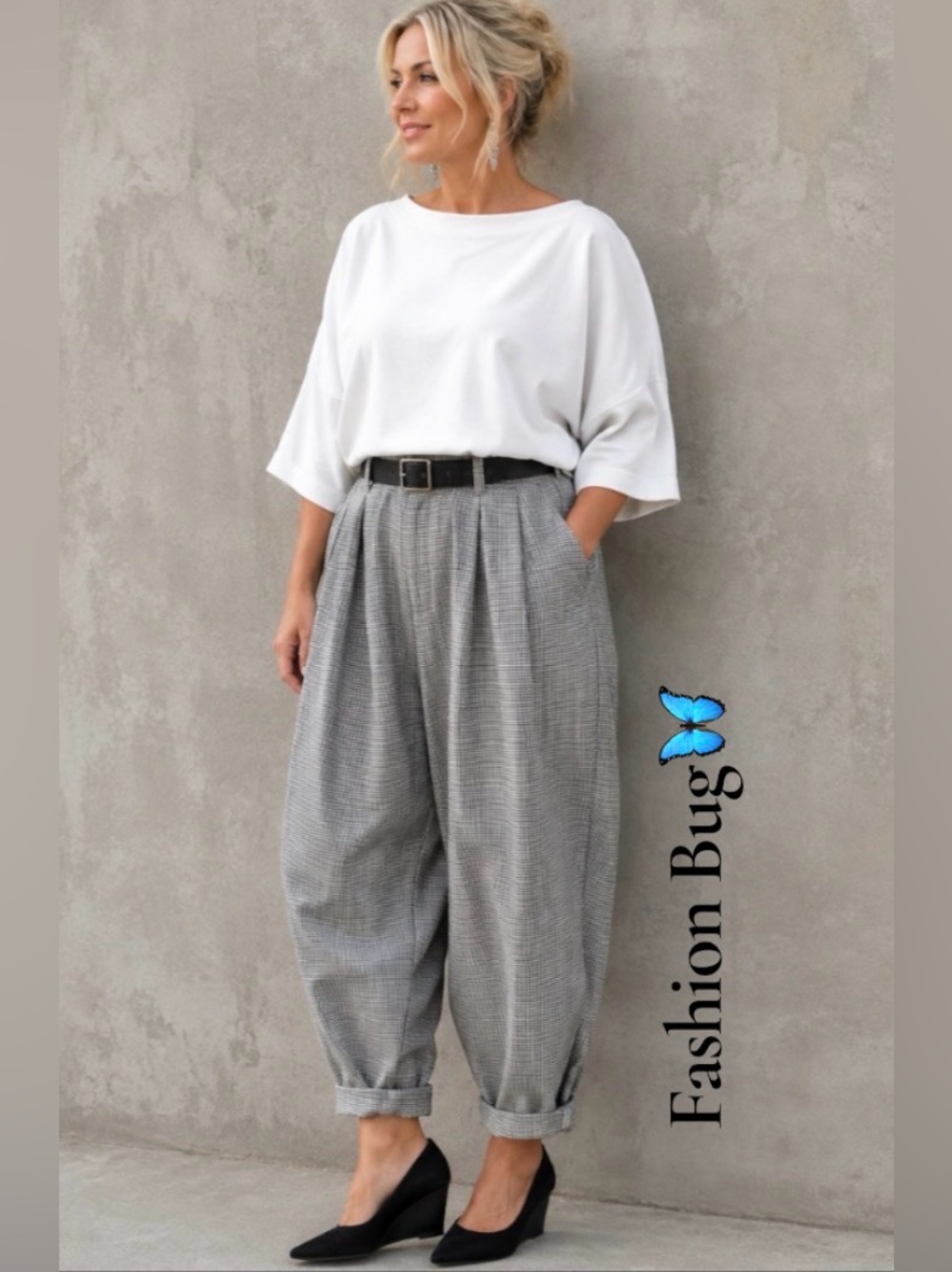 26-28W Vintage Baggy Houndstooth Cotton Blend Pants